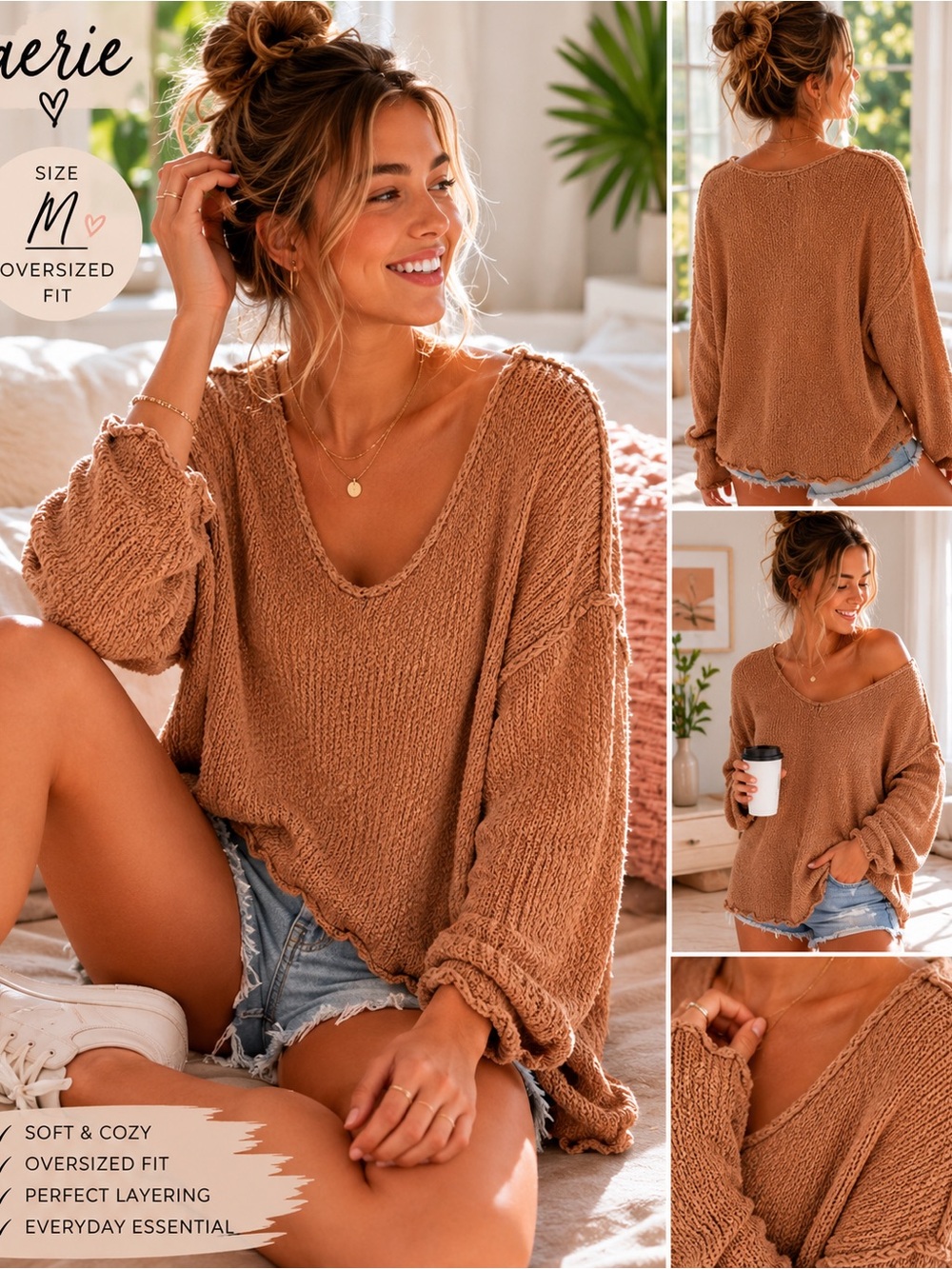 Aerie Oversized Lightweight Knit Sweater | Medium | Camel Cozy Pullover